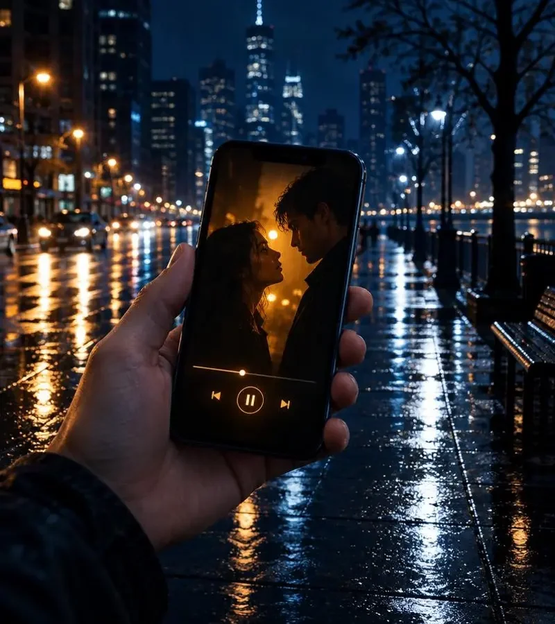黄瓜短剧APP在雨夜城市街头使用的手机界面展示